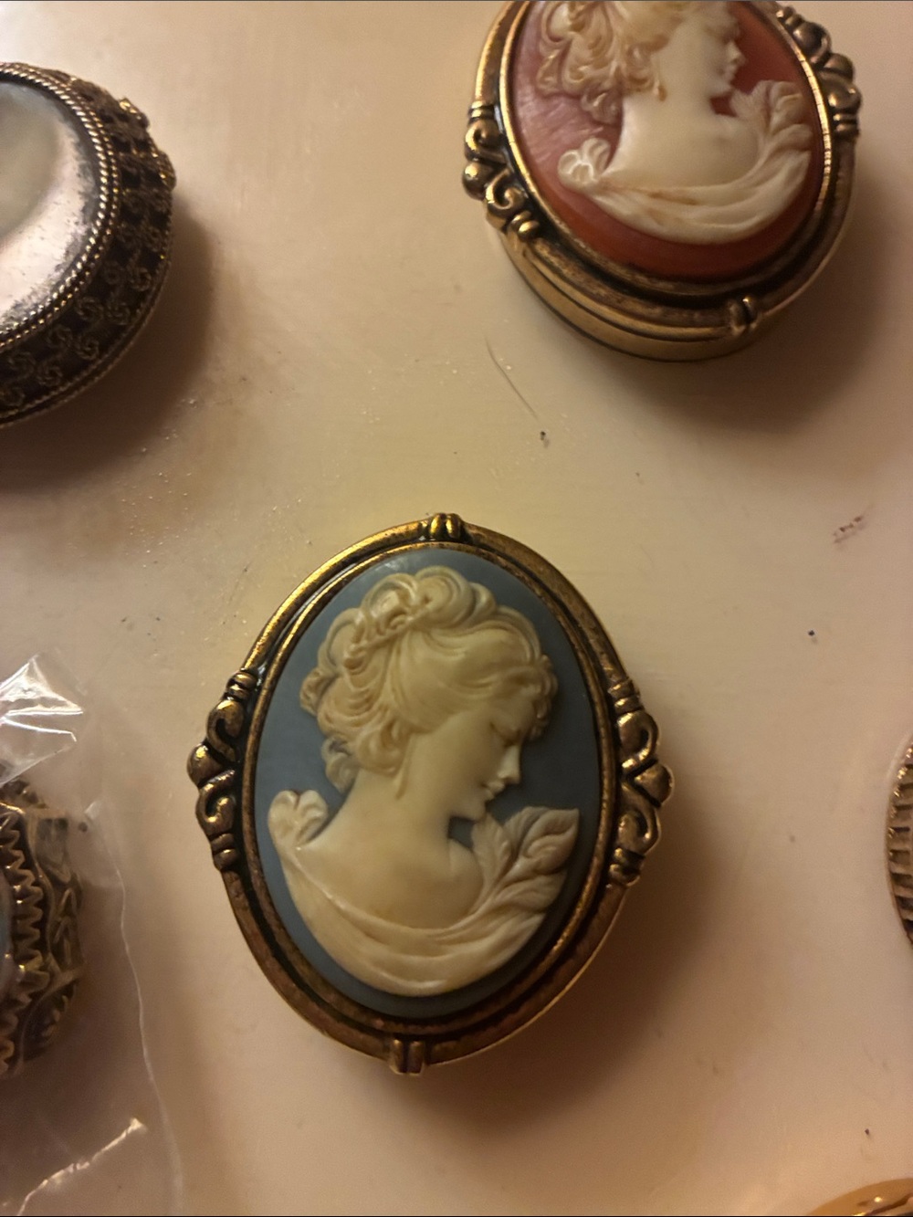 Vintage Blue Cameo Brooch with Gold-Tone Frame Estée Lauder Solid perfume